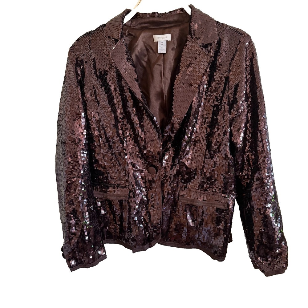 Chico's Chocolate Brown‎ Sequin Blazer Jacket Size 0  Small Evening Party Y2K